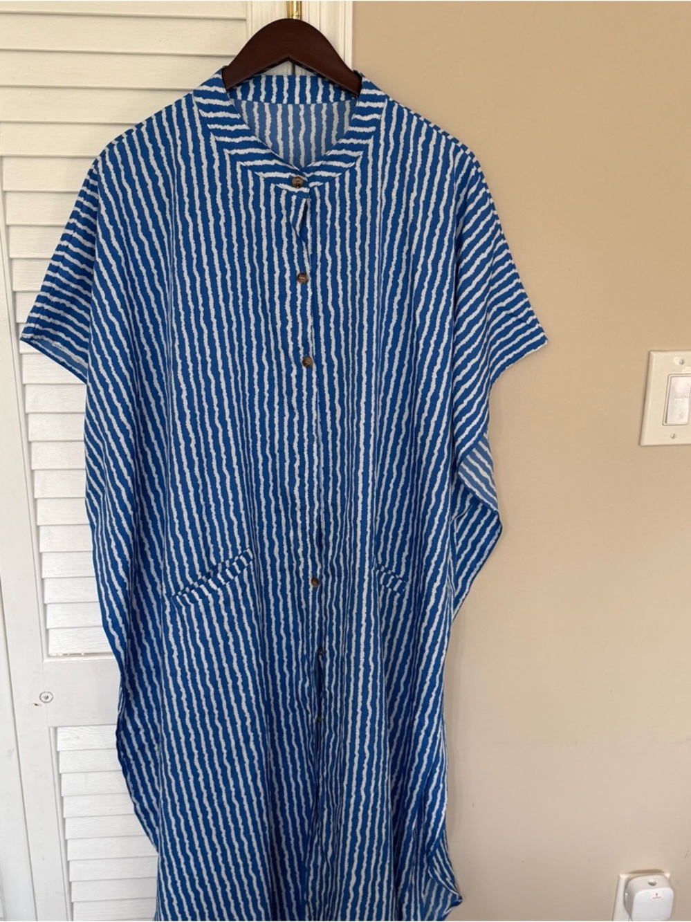 Blue and White Striped Button-Front Kaftan Shirt Beach Dress Casual Comfy